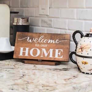 Rustic Welcome Home Sign: Walnut Stained Wood Decor