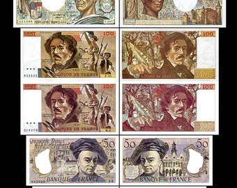 10, 20, 50, 100, 100, 200, 500 français. Francs - Ed. 1968 - 1997 - 7 billets de banque - 02 - Reproduction