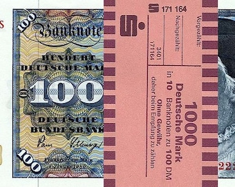 10 x 100 DM, Deutsche Mark, Banknoten 1980, mit Banderole - Reproduktion