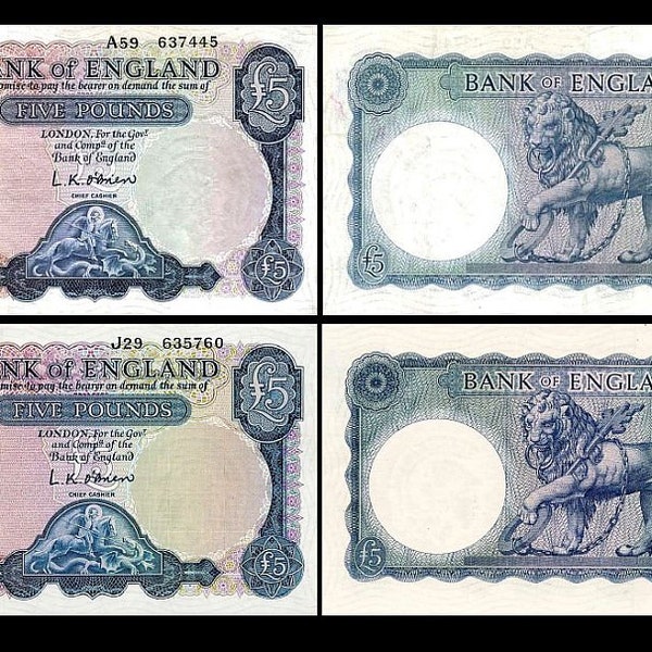 5, 5 englische Pounds - Ausgabe ND 1957-1967 - 2 alte Banknoten - Reproduktion - 04