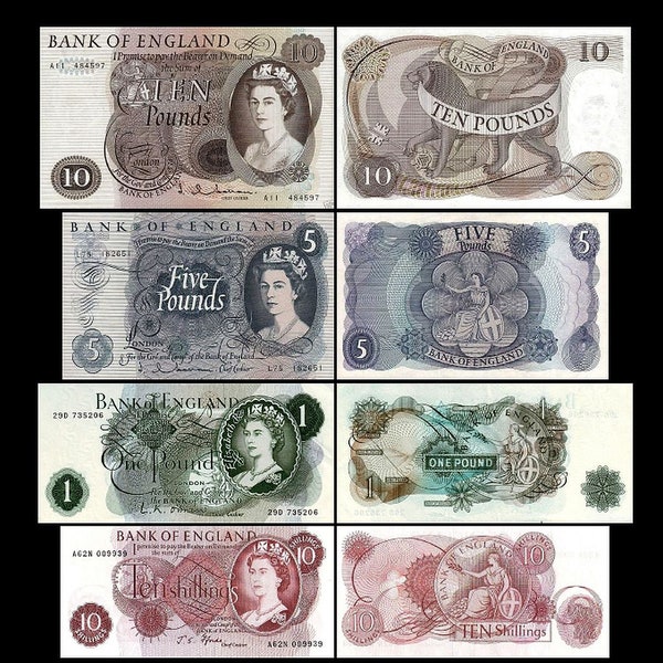 10 Shillings, 1, 5, 10 English Pounds - Issue ND 1960-1977 - 4 Banknotes - Reproduction - 03