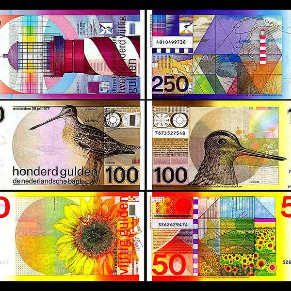 50, 100, 250 niederländische Gulden - Ausgabe 1977 - 1985 - 3 alte Banknoten - 02 - Reproduktion