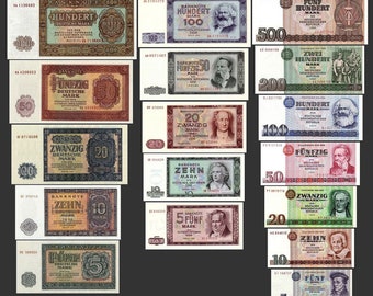 5,10,20,50,100,200,500 DDR Mark Banknoten 1955,64,71 alte DDR Währung - 3 Sätze - Reproduktion