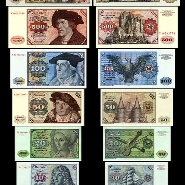 5 - 1000 Deutsche Mark - 7 Banknoten Ausgabe 1970 - 1980 BBk I - Reproduktion