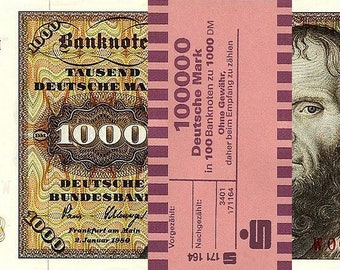 10 x 1000 DM, Deutsche Mark, Banknoten 1980, mit Banderole - Reproduktion