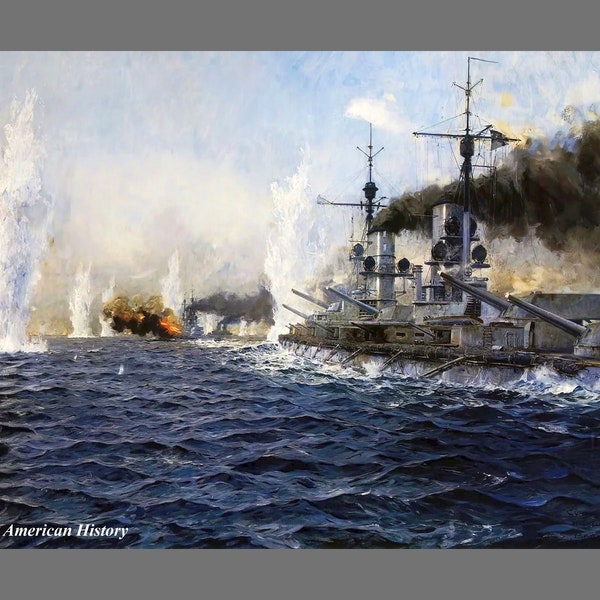 1794 - German Battleship SMS Markgraf firing on the British Fleet at the Battle of Jutland by Claus Bergen - Giclee Fine Art Print