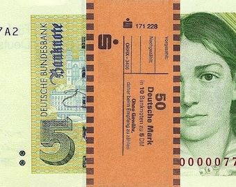 10 x 5 DM, Deutsche Mark, Banknoten 1991, mit Banderole - Reproduktion