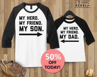 My Hero Dad My Hero Son Matching Baseball Tee | Daddy & Me | Kids Toddler Raglan T Shirt | Matching Dad And Son | Father's Day Gift