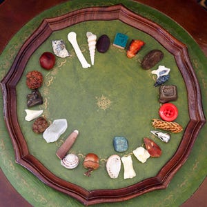 Könnte beinhalten: Eine kreisförmige Anordnung kleiner Objekte, darunter Muscheln, Knochen und ein Knopf, auf einer grünen Oberfläche innerhalb eines Holzrahmens. Die Objekte weisen verschiedene Farben und Texturen auf. Die Anordnung ist auf einer grünen Oberfläche.