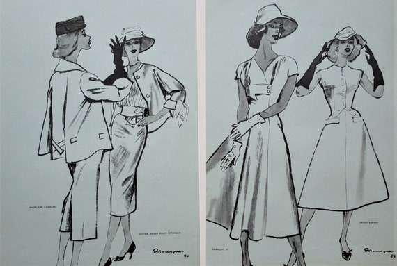 Pair-mid-century 1956 French Fashion Prints-daywear 