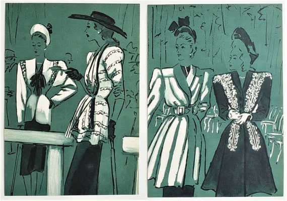 Pair-1946 Vintage French Mid-century Fashion Prints 