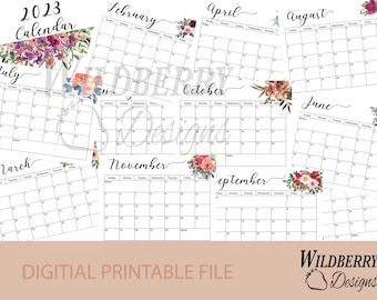 2023 printable calendar, flower calendar, 2023 year, scheduler, planner