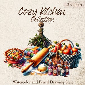 Puede incluir: Dibujo a acuarela y lápiz de una colección de cocina acogedora. La imagen presenta una tarta, un rodillo, una cesta de manzanas, botes de especias y el texto "Cozy Kitchen Collection" y "12 Clipart".
