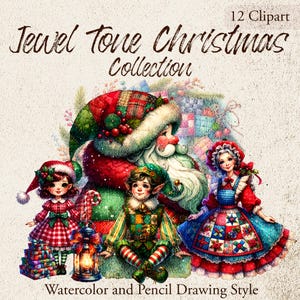 以下が含まれることがあります： 水彩と鉛筆画風のクリスマス用クリップアートコレクション。サンタクロース、エルフ、人形が描かれています。画像には「Jewel Tone Christmas Collection」と「12 Clipart」の文字が含まれています。