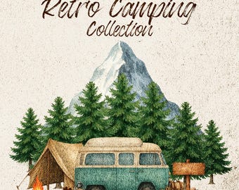 May include: Watercolor and pencil drawing of a retro camping scene. The image features a teal and cream-colored camper van, a tent, a campfire, and a mountain backdrop. The text reads "Retro Camping Collection" and "12 Clipart".