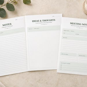 Puede incluir: Tres hojas de papel para agenda con detalles en verde salvia. La hoja de la izquierda se titula NOTES, la central IDEAS & THOUGHTS y la de la derecha MEETING NOTES. Cada página presenta líneas, cuadrículas de puntos y secciones designadas.