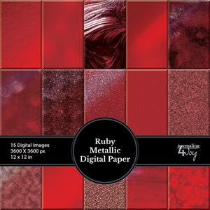 May include: A set of 15 digital papers featuring ruby red metallic textures. The papers are 12 inches by 12 inches and are perfect for scrapbooking, card making, and other crafting projects.