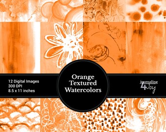 Peut inclure: Ensemble de 12 images numériques avec des motifs d'aquarelle orange texturés. Les images mesurent 21,6 x 27,9 cm. Les motifs comprennent des motifs abstraits, des éléments floraux et diverses textures. Le texte sur l'image indique "Orange Textured Watercolors".
