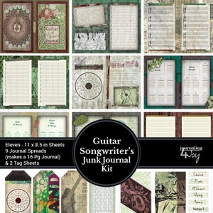 Music Printable Guitar Songwriters Junk Journal Kit 16 pages 5.5x8.5in Spreads that print on 8.5 x 11 inch sheets of paper with tags image 1