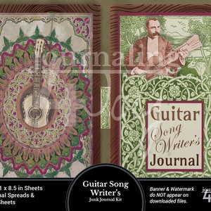 Music Printable Guitar Songwriters Junk Journal Kit 16 pages 5.5x8.5in Spreads that print on 8.5 x 11 inch sheets of paper with tags image 3