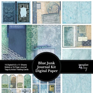 Blue Junk Journal Kit Printable • Craft a beautiful sixteen-page 8.5 x 11 Light Blue Junk Journal with Tags • Great Beginner Journal
