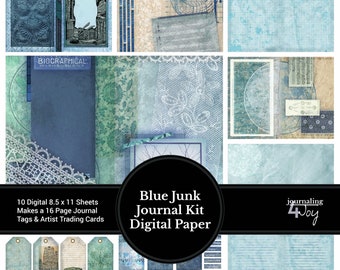 May include: Blue Junk Journal Kit Digital Paper with 10 digital 8.5 x 11 sheets, making a 16 page journal, tags and artist trading cards. The paper features a blue and green color scheme with a variety of textures and patterns.