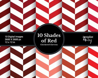 10 Shades of Red Checkered Chevron Zig Zag Digital Paper, Print on Demand, Junk Journal Supplies Art Journal Scrapbooking Background 300DPI