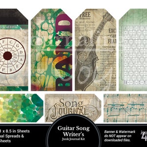 Music Printable Guitar Songwriters Junk Journal Kit 16 pages 5.5x8.5in Spreads that print on 8.5 x 11 inch sheets of paper with tags image 2