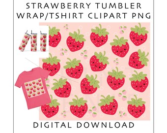 Strawberry Tumbler Wrap PNG | Cute Kawaii Strawberry Pattern Sublimation Design |  Skinny Tumbler Wrap | Strawberry Shirt | Digital Download