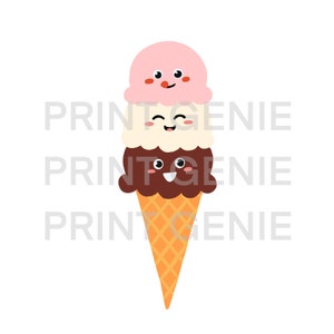 May include: A cartoon ice cream cone with three scoops of ice cream. The top scoop is pink, the middle scoop is white, and the bottom scoop is brown. Each scoop has a cute cartoon face.