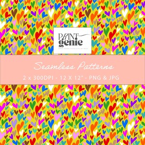 Puede incluir: Un patrón digital sin costuras con una densa disposición de corazones multicolores sobre un fondo amarillo. La etiqueta rectangular blanca central muestra el texto Print genie, seguido del texto Seamless Patterns, 2 x 300DPI - 30,48 x 30,48 cm - PNG & JPG.