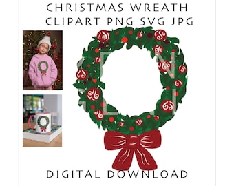Kerstkrans png-clipart | Vakantiekrans digitale download | Sublimatieontwerp kerstdeurkrans | Feestelijk winterdecor, png
