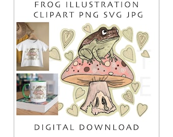 Frog on Mushroom PNG  | Cottagecore Frog Clipart | Toadstool Illustration | Woodland Animal Digital Download | Sublimation for Cricut