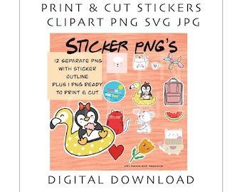 Leuke stickerbundel, png-bestand | 12 afdrukbare kawaiistickers | Digitaal stickerpakket | Plannerstickers | Cricut-print en vervolgens gesneden | Direct downloaden