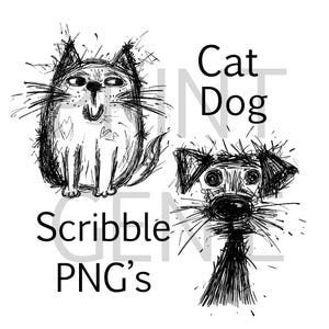 May include: Black and white scribble art of a cat and dog. The cat is sitting with its mouth open. The dog has a long snout and floppy ears. The words "Cat Dog" and "Scribble PNG's" are also in the image.