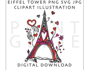 May include: A digital illustration of the Eiffel Tower with a heart-shaped design. The tower is red, gray, and pink, with floral and heart accents. Text at the top reads "Eiffel Tower PNG SVG JPG Clipart Illustration" and "Digital Download" at the bottom.