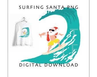 Surfing Santa SVG JPG PNG | Beach Christmas Clipart | Summer Santa Sublimation Design | Tropical Christmas | Surf Santa Digital Download
