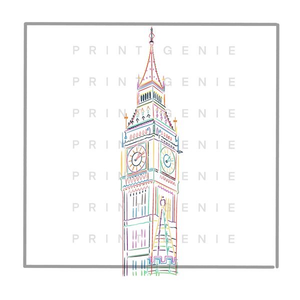 London Big Ben Colourful line art building png instant digital download