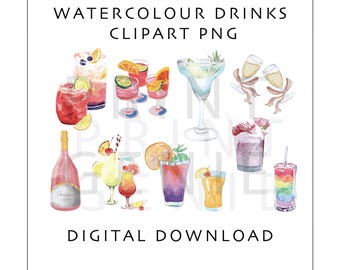 Watercolor Cocktail Clipart PNG| Watercolor Drinks| Cocktail Clipart Set| Summer Drinks Illustration| Beverage PNG Bundle | Digital Download