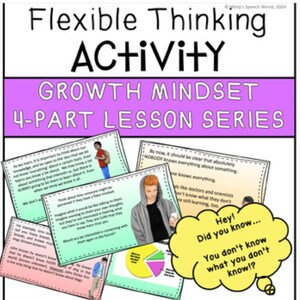 May include: A colorful set of printable cards with illustrations and text about flexible thinking and growth mindset. The cards feature a thought bubble with the text "Hey! Did you know... You don't know what you don't know!?"