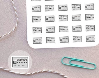 Könnte beinhalten: Ein Blatt mit 25 schwarzen und weißen Kreditkarten-Stickern. Die Sticker sind in einem 5x5-Raster angeordnet. Jeder Sticker zeigt eine einfache Umrandung einer Kreditkarte mit dem Text "Credit Card" und einer Reihe von Herzen.