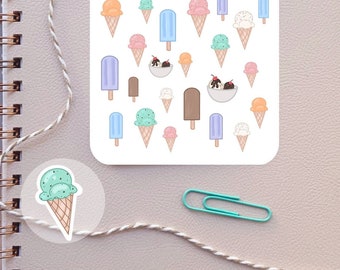 Pegatinas de helado/ Pegatinas de planificador/ Pegatinas de cono de helado para planificadores y calendarios/ Pegatinas de comida/ Mate/ Brillante/ 23 por hoja