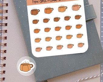 May include: A sheet of stickers featuring 25 pumpkin spice latte mugs in various shades of orange and brown. The stickers are arranged in a grid pattern and are perfect for adding a touch of fall to your planner, laptop, or water bottle. The sheet also includes the text "Fox and Rose Ink." and "Pumpkin Mugs."