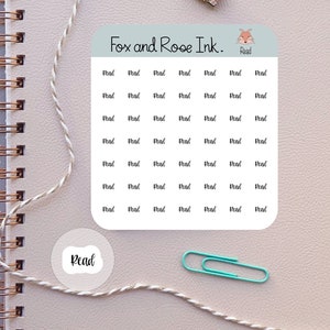 Puede incluir: Una hoja de pegatinas con el texto "Fox and Rose Ink." y una ilustración de un zorro. La hoja contiene 49 pegatinas con la palabra "Read" escrita en cada una.