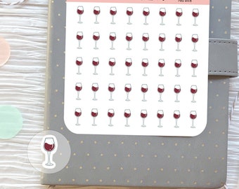 May include: A sheet of stickers featuring 49 red wine glass illustrations. The stickers are white with black outlines and are arranged in a grid pattern. The text "Fox and Rose Ink." and "Red Wine" is printed at the top of the sheet.