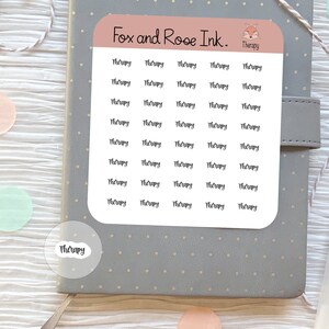 Puede incluir: Una hoja de pegatinas con el texto "Fox and Rose Ink. Therapy" en la parte superior. La hoja contiene 25 pegatinas con la palabra "Therapy" escrita en cada una.