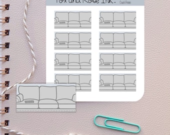 May include: A sheet of gray couch stickers with the text "Fox and Rose Ink." and "Couch Potato" in black text. The stickers are in the shape of a couch with a pillow and a blanket.