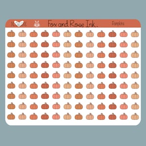 May include: A sheet of 100 stickers featuring various shades of orange, peach, and cream pumpkins. The stickers are arranged in a grid pattern and are labeled "Pumpkins" in the top right corner. The sheet is labeled "XL Deluxe" in the top left corner and "Fox and Roe Ink." in the top center.