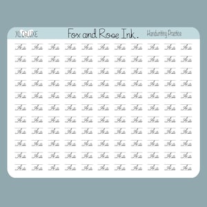 May include: A white rectangular sheet featuring the text Fox and Rose Ink and Handwriting Practice at the top. The sheet contains ten rows of the letter Aa written in black cursive script on lined paper, designed for handwriting practice.