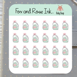May include: A sheet of 24 stickers featuring a cartoon illustration of a bottle of baby soap. The bottle is light green with a pink lid and label that says "Baby Soap". The stickers are arranged in a grid pattern on a white background.